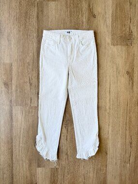 PAIGE Hoxton Straight Ankle Laced Ruffle Jeans in White SIZE 27